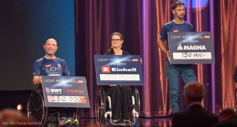 Three people, two in wheelchairs, hold large donation checks ranging from €150,000 to €250,000.