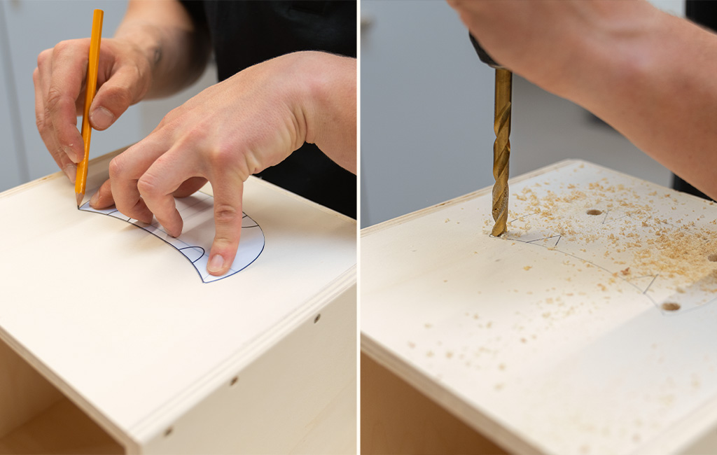Split view: on the left, a person traces a template on a wooden board with a pencil; on the right, a person drills a hole into the board.