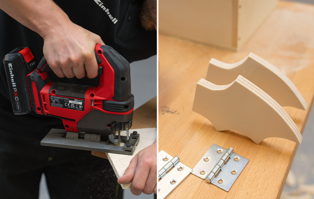 Split view: a person cuts the marked wooden board with an Einhell cordless jigsaw; the finished curved pieces are shown beside it.
