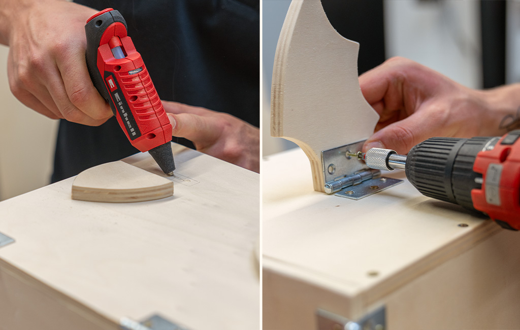 Split view: a person applies hot glue to one wooden piece; on the right, a different piece is screwed onto a box with a cordless drill driver.