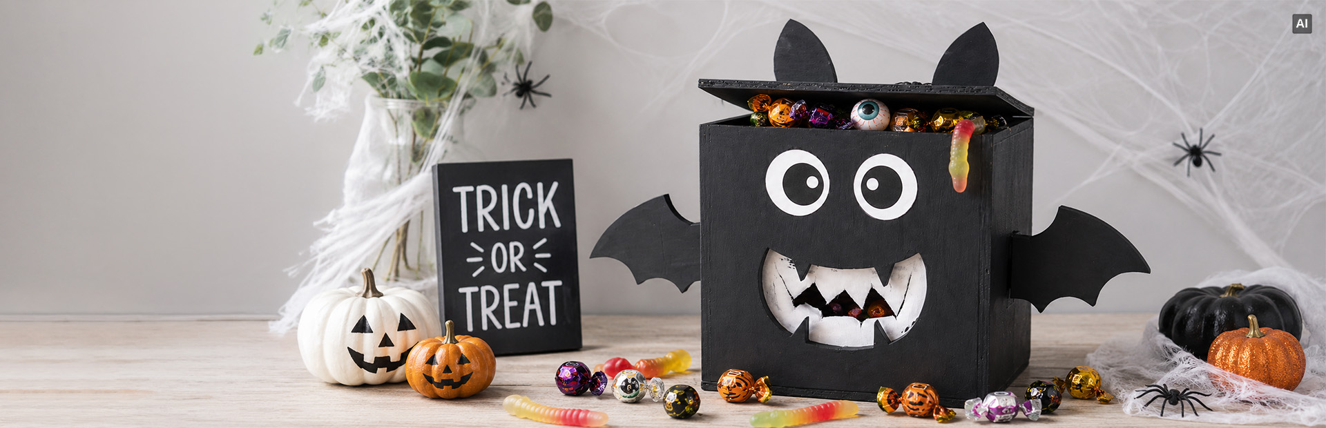 Halloween-themed black bat box filled with sweets, surrounded by candy, pumpkins, spider webs and a “Trick or Treat” sign.
