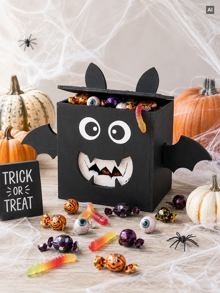 Halloween-themed black bat box filled with sweets, surrounded by candy, pumpkins, spider webs and a “Trick or Treat” sign.