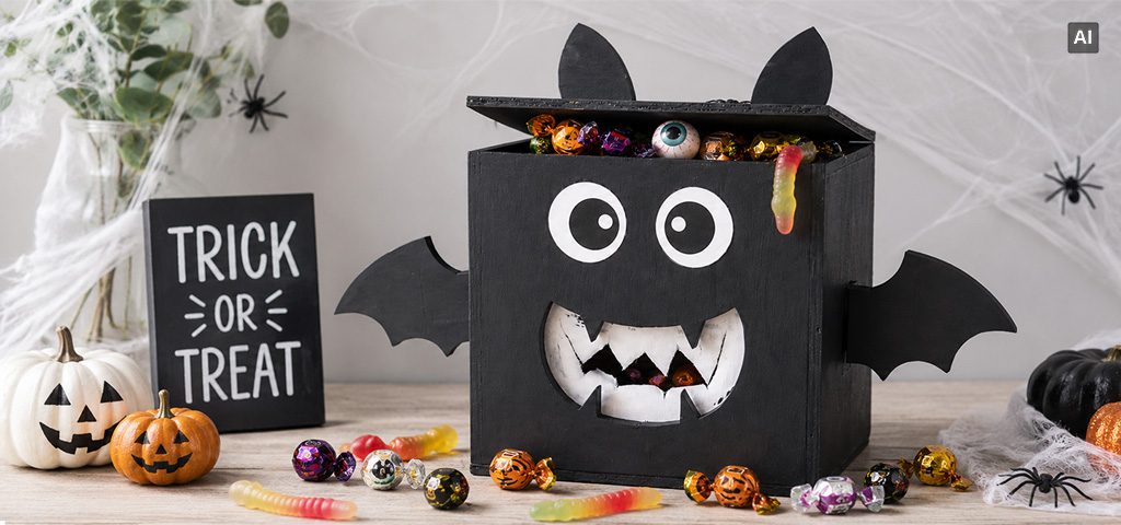 Halloween-themed black bat box filled with sweets, surrounded by candy, pumpkins, spider webs and a “Trick or Treat” sign.