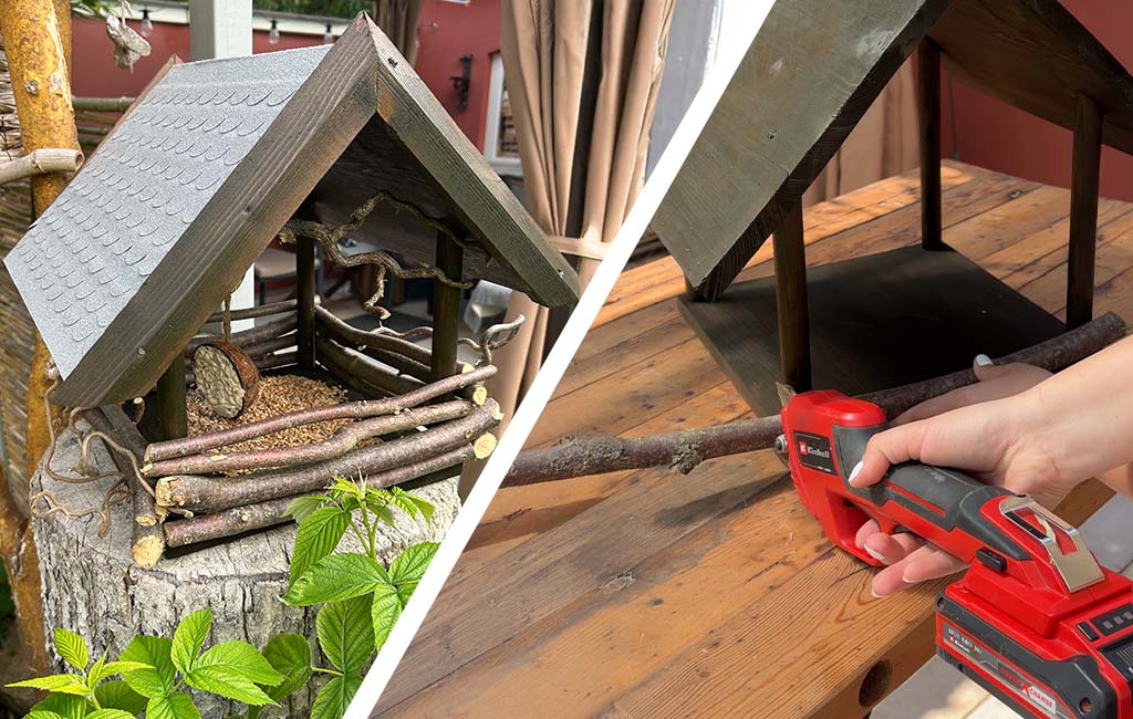 Left: finished bird feeder in a garden; right: assembly with an Einhell cordless tool and a branch.