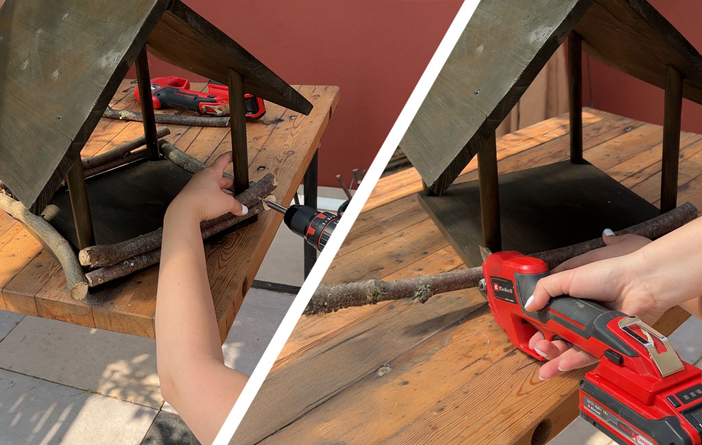 Two views of attaching branches to the base of the bird feeder using an Einhell tool.
