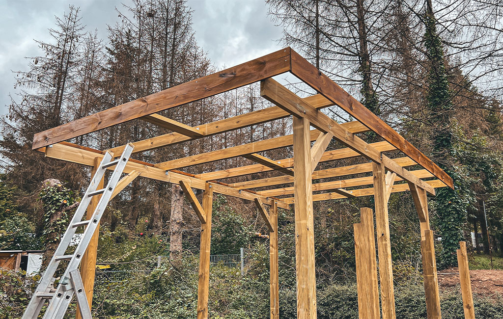 A wooden carport frame with braces and a ladder, trees in the background.