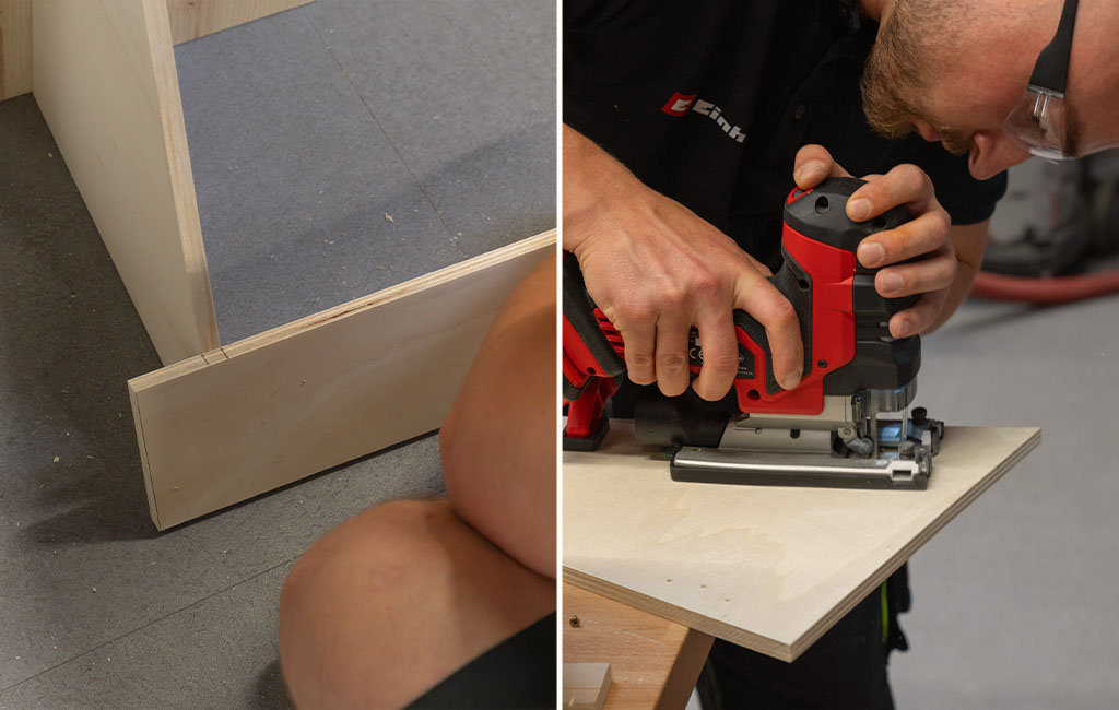 Zweiteilige Bildfolge: Die Position einer unteren Holzleiste wird an der Seitenstütze markiert, anschließend schneidet ein Handwerker die Holzplatte mit einer Einhell Stichsäge zu.