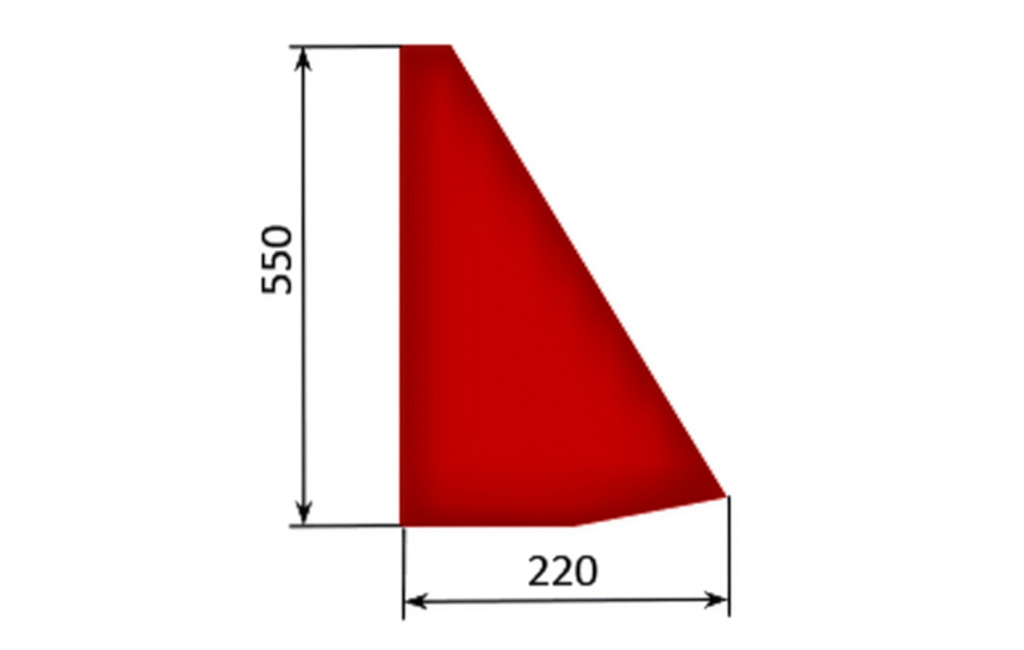 Red side panel of a wooden stand with dimensions 550 mm high and 220 mm deep on white background.