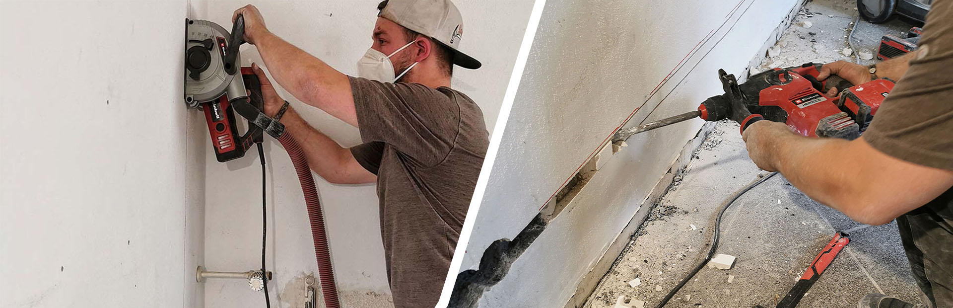 Two images show a person drilling into a wall with a drill and guide, with dust falling downward.