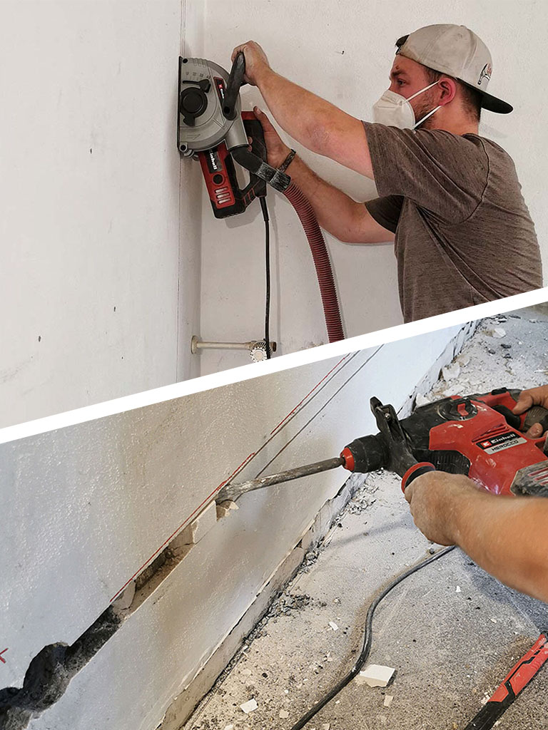Two images show a person drilling into a wall with a drill and guide, with dust falling downward.
