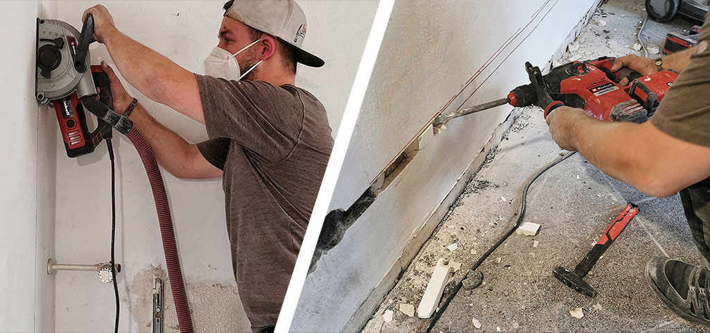 Two images show a person drilling into a wall with a drill and guide, with dust falling downward.
