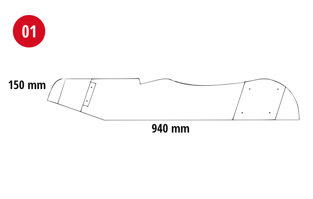 Technical drawing number 01 shows a curved wooden part, 940 mm long and 150 mm high.