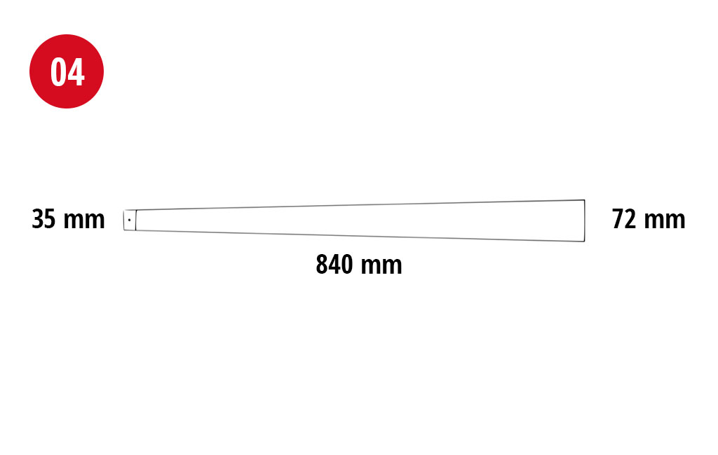 Technical drawing number 04 shows a narrow, trapezoidal wooden part, 840 mm long.