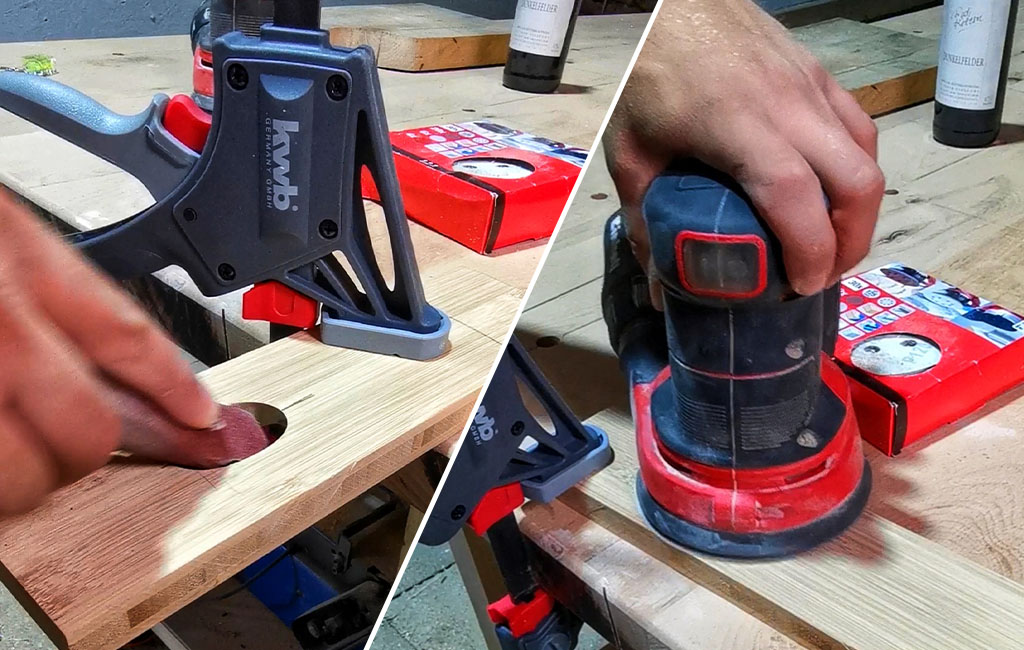 Wood is sanded first by hand and then with a red random orbital sander; a clamp holds the piece in place.