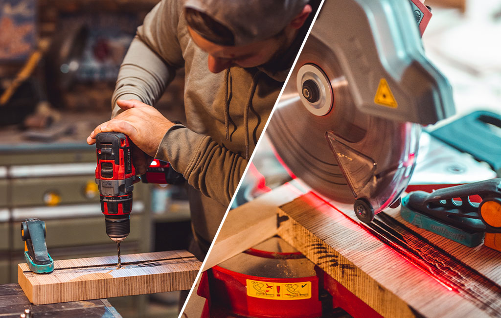 A man drills a hole into a wooden piece with a red cordless drill; next to it, a circular saw cuts wood.