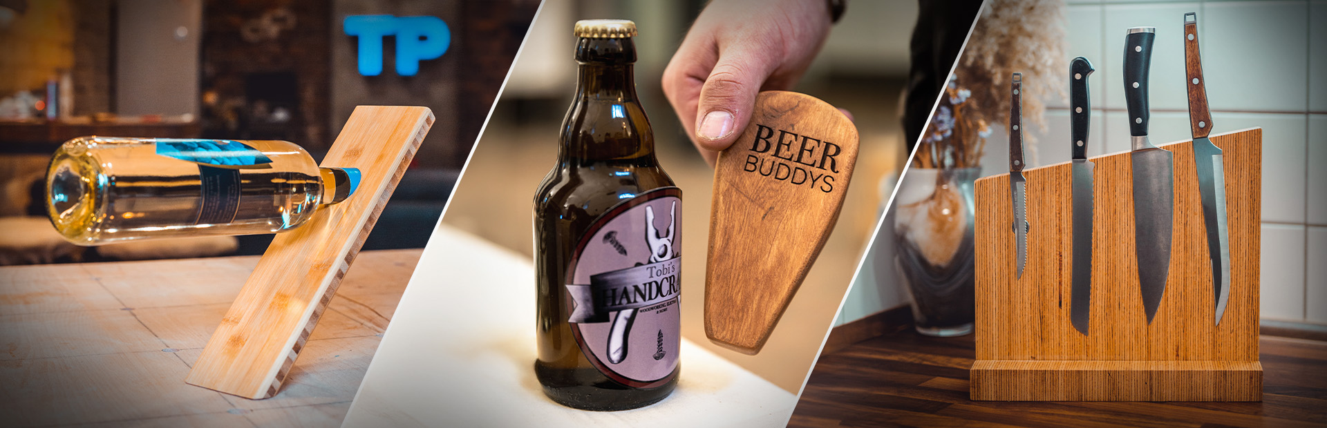 Three wooden products: a slanted wine holder with bottle, an engraved opener with “BEER BUDDYS,” and a knife block with four knives.