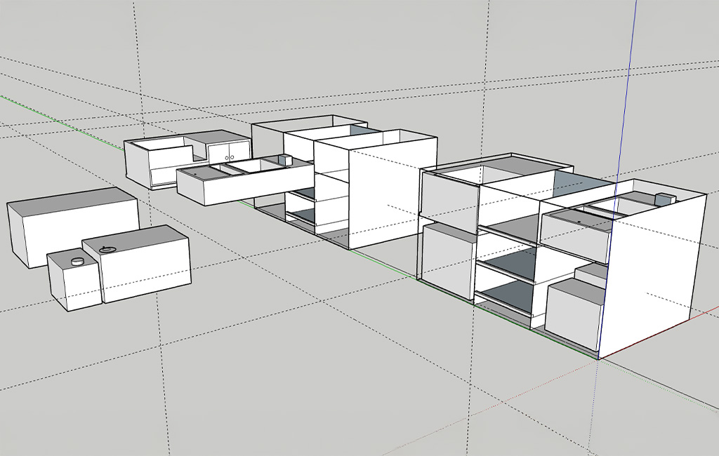 3D drawing of a camping box with several modules, compartments, and pull-outs.