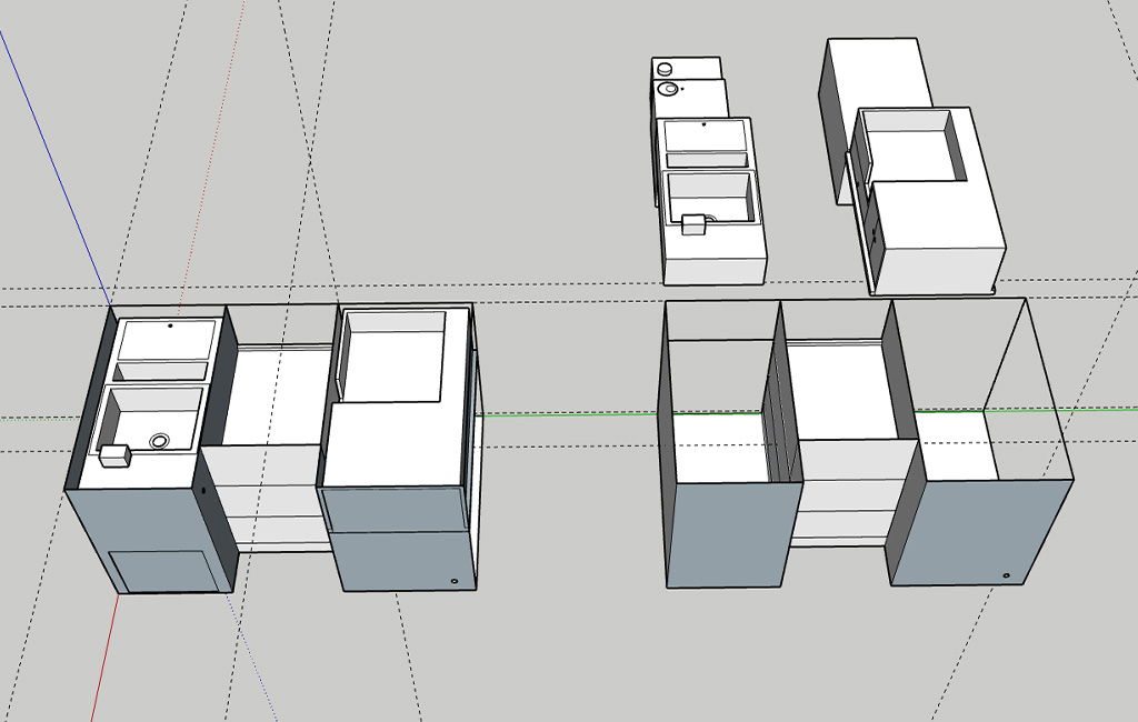 Top view of a CAD drawing of the camping box showing sink and compartments.