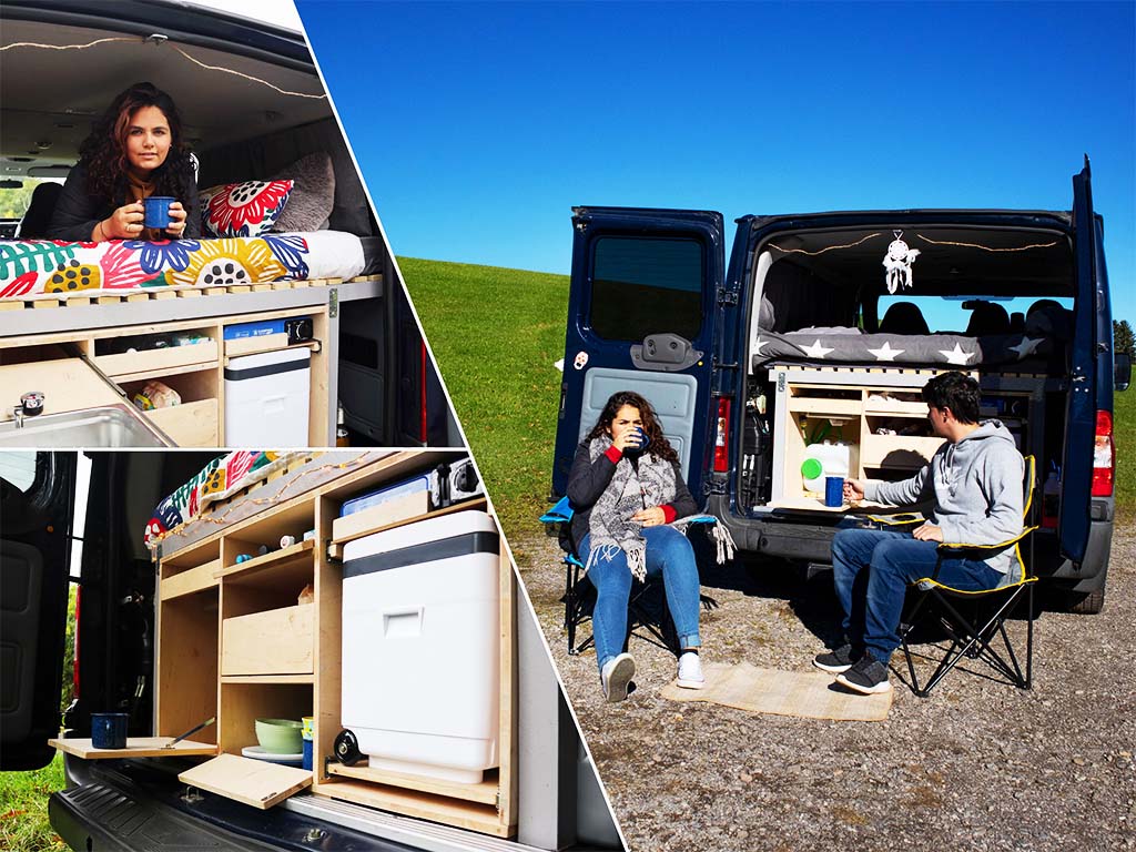 Collage of three images showing a van with a camping box; two people sit in front, with bed and storage visible inside.