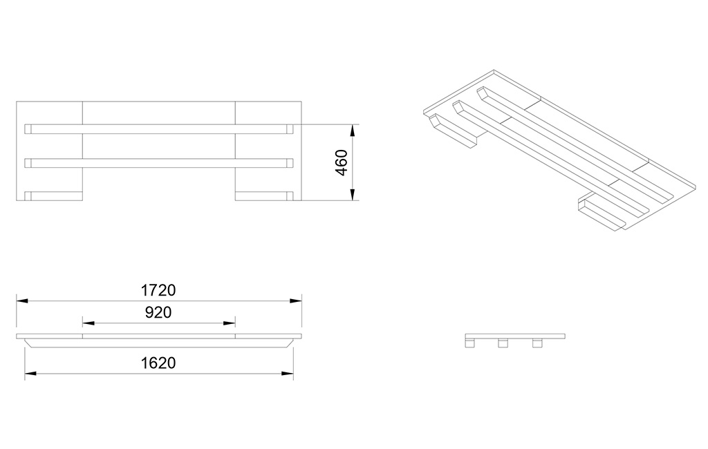 Technical drawing of the garden bar showing top and side views with measurements in millimeters.