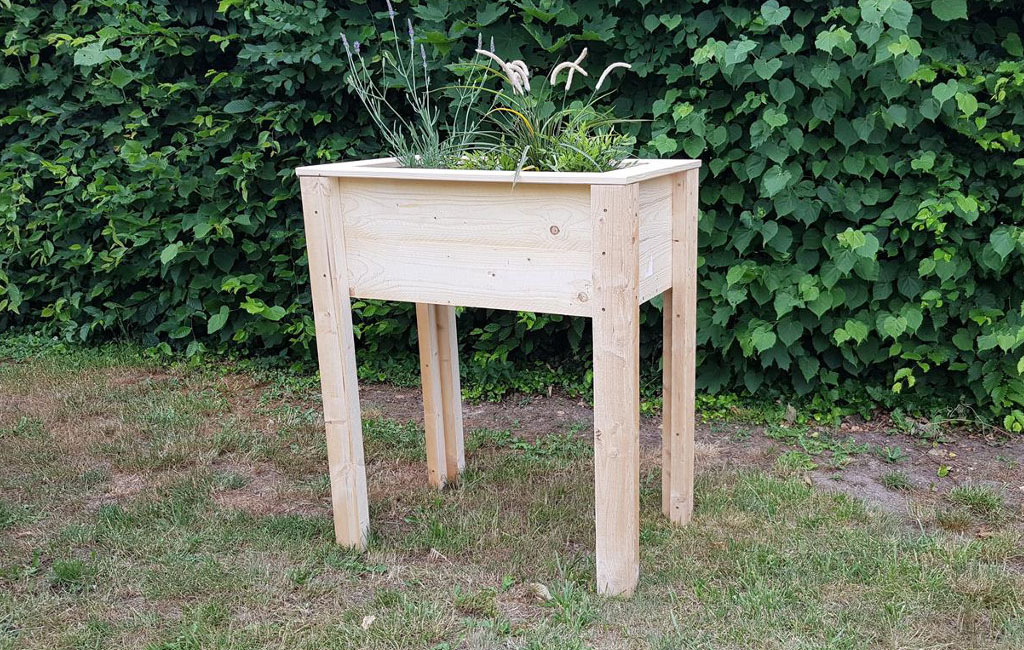 Ein hohes, rechteckiges Hochbeet aus hellem Holz mit Pflanzen, stehend auf einer Wiese vor einer grünen Hecke.