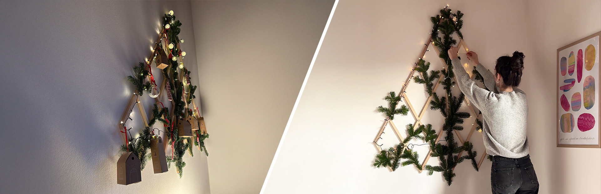 Zwei Ansichten eines selbstgemachten Holz-Weihnachtsbaums an der Wand mit Lichterkette, Tannenzweigen und kleinen Anhängern.
