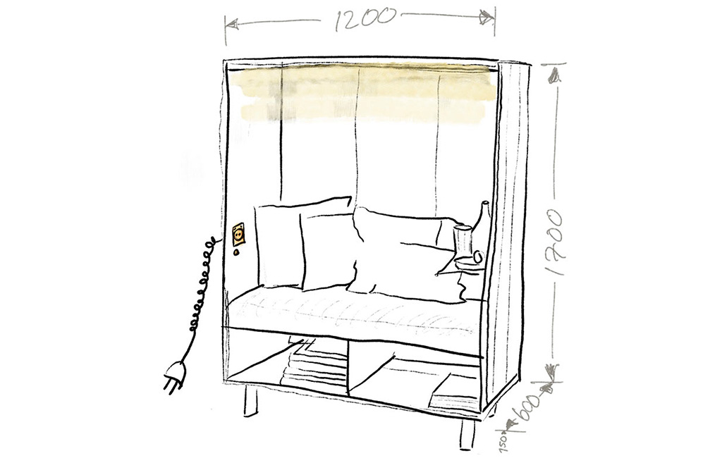 Sketch of the wooden beach chair with dimensions, cushions, socket, and shelf.