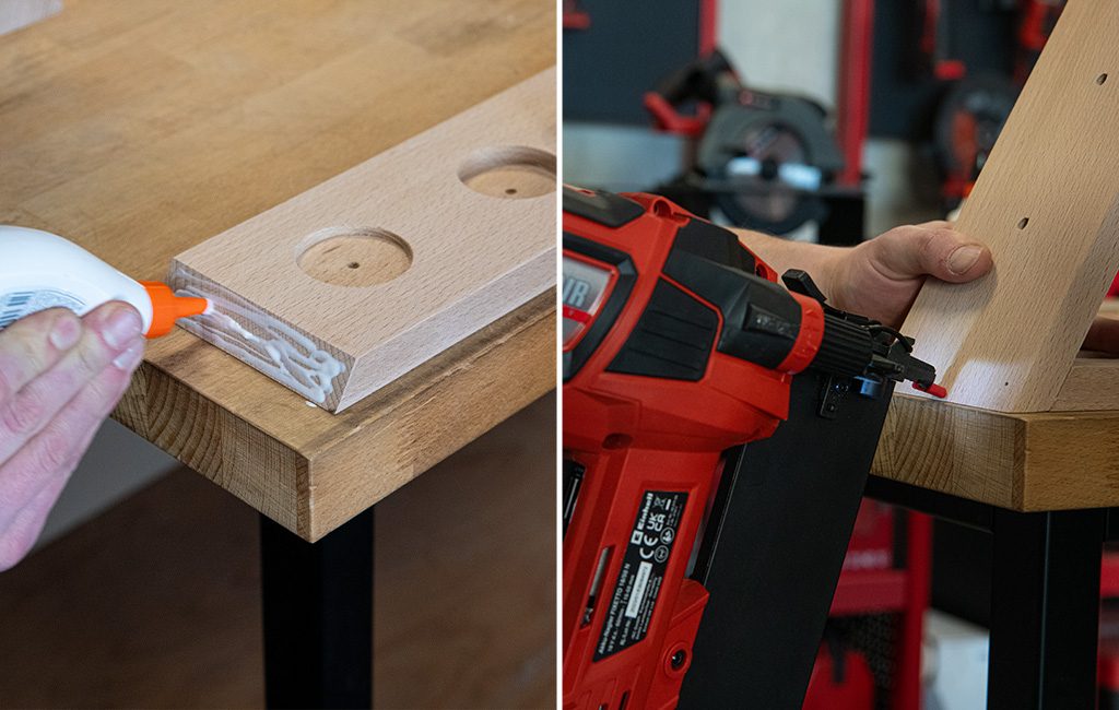 Left: A wooden part is coated with wood glue. Right: A man secures the parts using an Einhell cordless nailer.