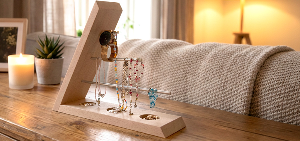 The finished jewellery stand is placed on a wooden table in the living room, holding watches, necklaces and rings.