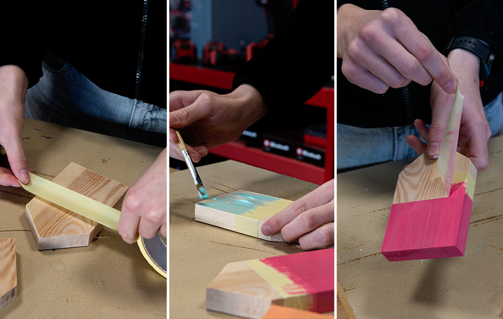 Three-part image: masking tape is applied, paint is brushed on, and tape is removed.