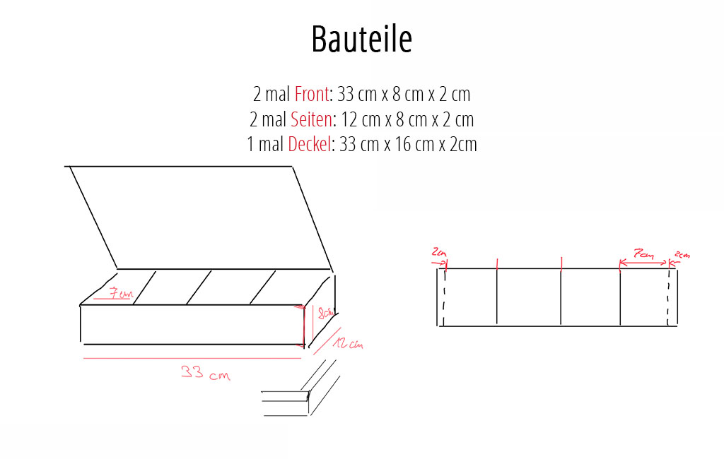 Technical drawing of a wooden tea box with lid, showing measurements and dimensions for cutting and assembling the parts