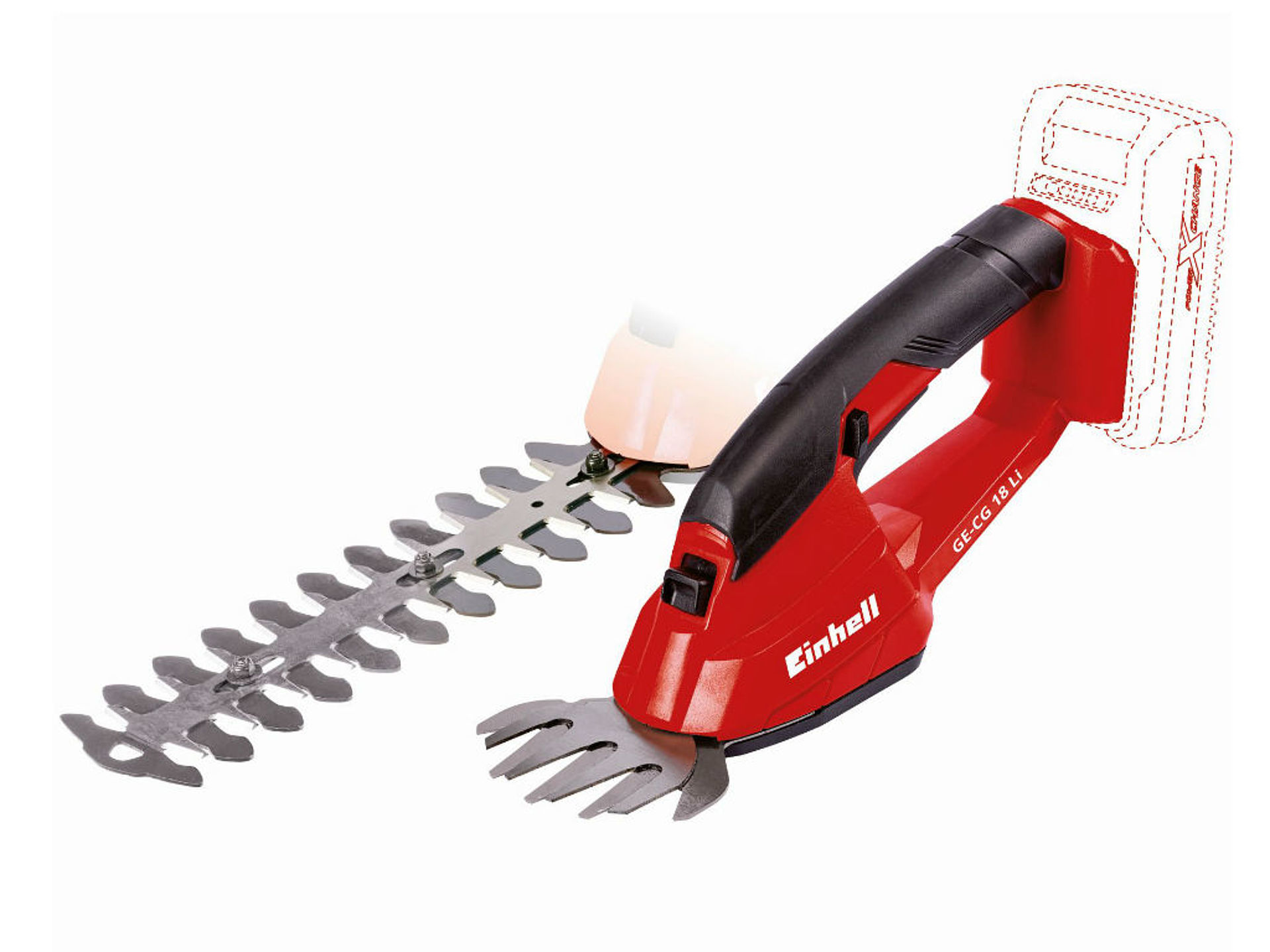 Illustration of Einhell shrub shears with two shrub shear blades of different lengths.