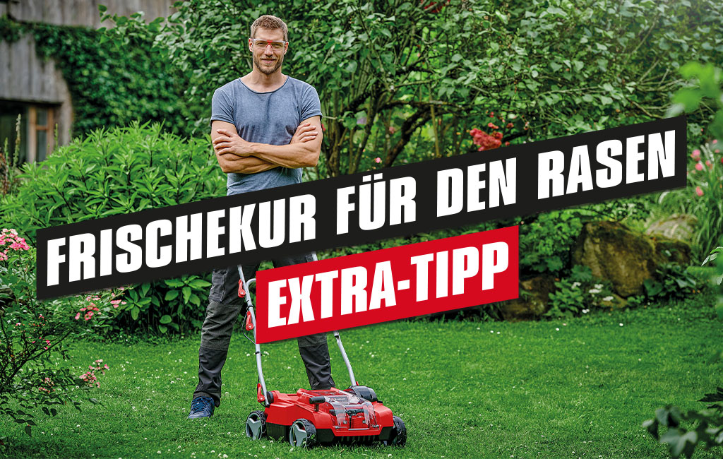 A man stands next to a cordless scarifier and in a garden. The text on the picture reads: Fresh treatment for the lawn - extra tip.