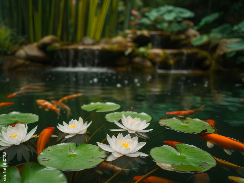 Seerosen und orange Fische in einem Gartenteich.