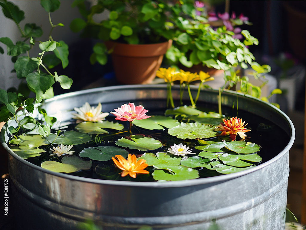 Miniteich mit Seerosen sowie gelben und orangefarbenen Blumen in einer runden Metallwanne.