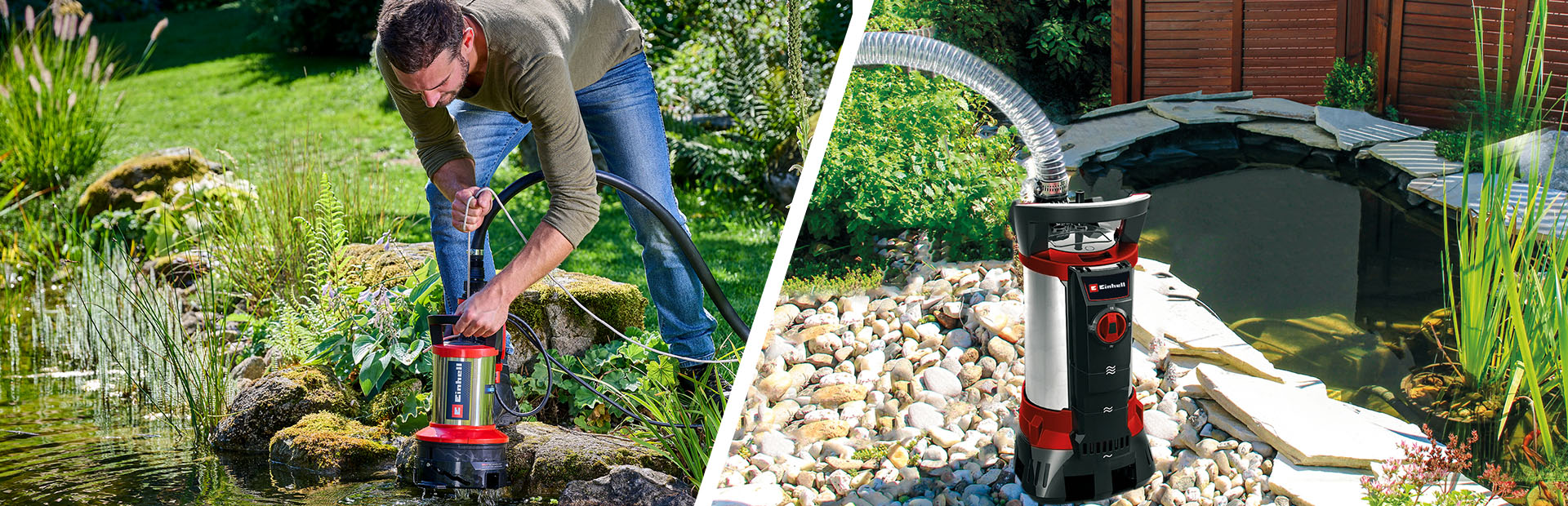Auf dem linken Bild saugt ein Mann einen Gartenteich ab; auf dem rechten Bild ist eine Einhell-Schmutzwasserpumpe zu sehen.