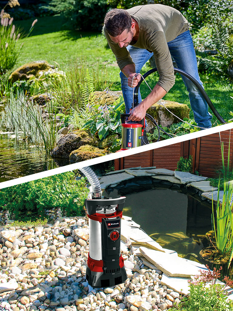 Auf dem oberen Bild saugt ein Mann einen Gartenteich ab; auf dem unteren Bild ist eine Einhell-Schmutzwasserpumpe zu sehen.