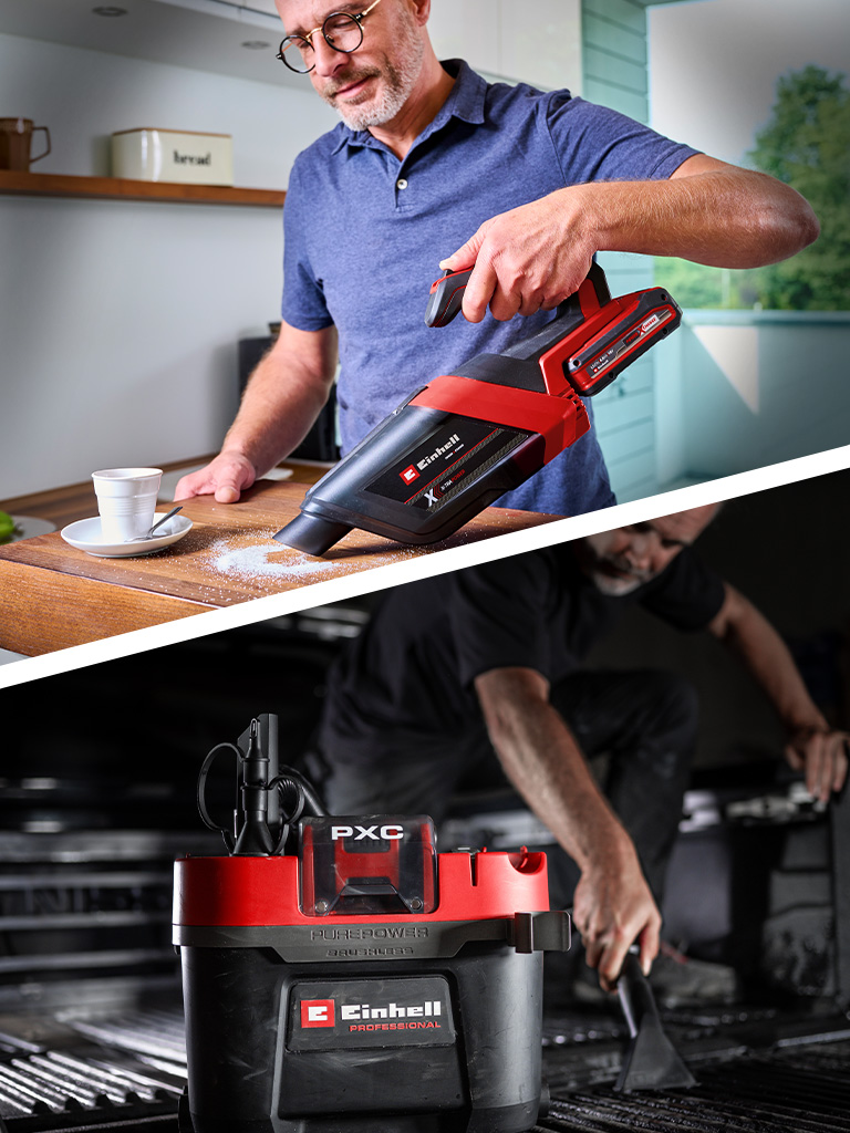 Zwei Anwendungsszenen mit einem kabellosen Handstaubsauger: beim Reinigen eines Tisches und beim Saugen im Auto.