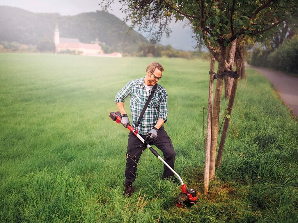 a man mows the grass around a tree