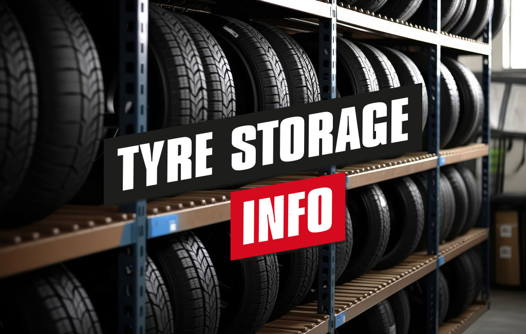Tyres stored in a large warehouse | Text: Tyre storage - Info