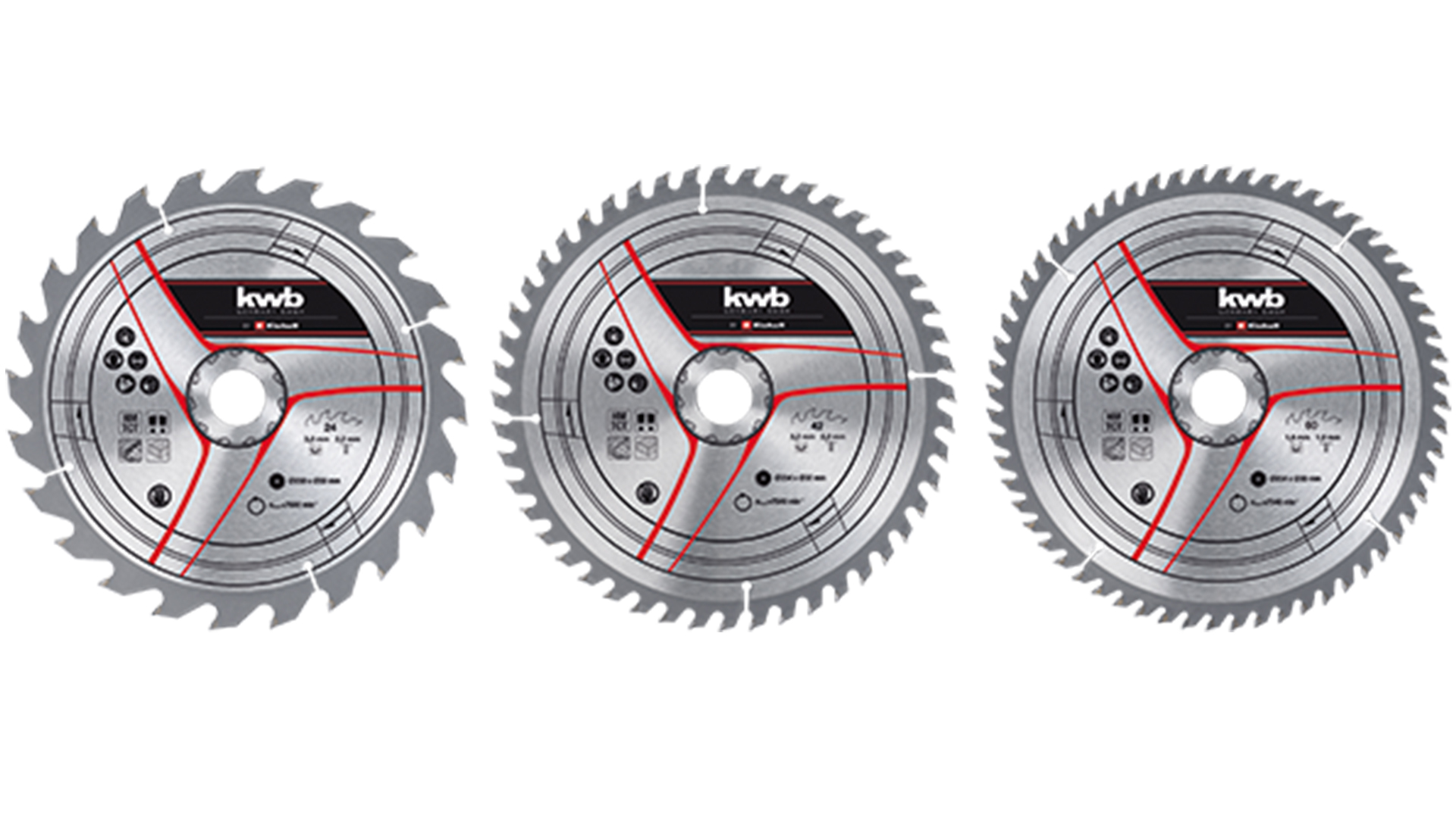 Three different circular saw blades with different tooth shapes and tooth configurations shown for comparison.