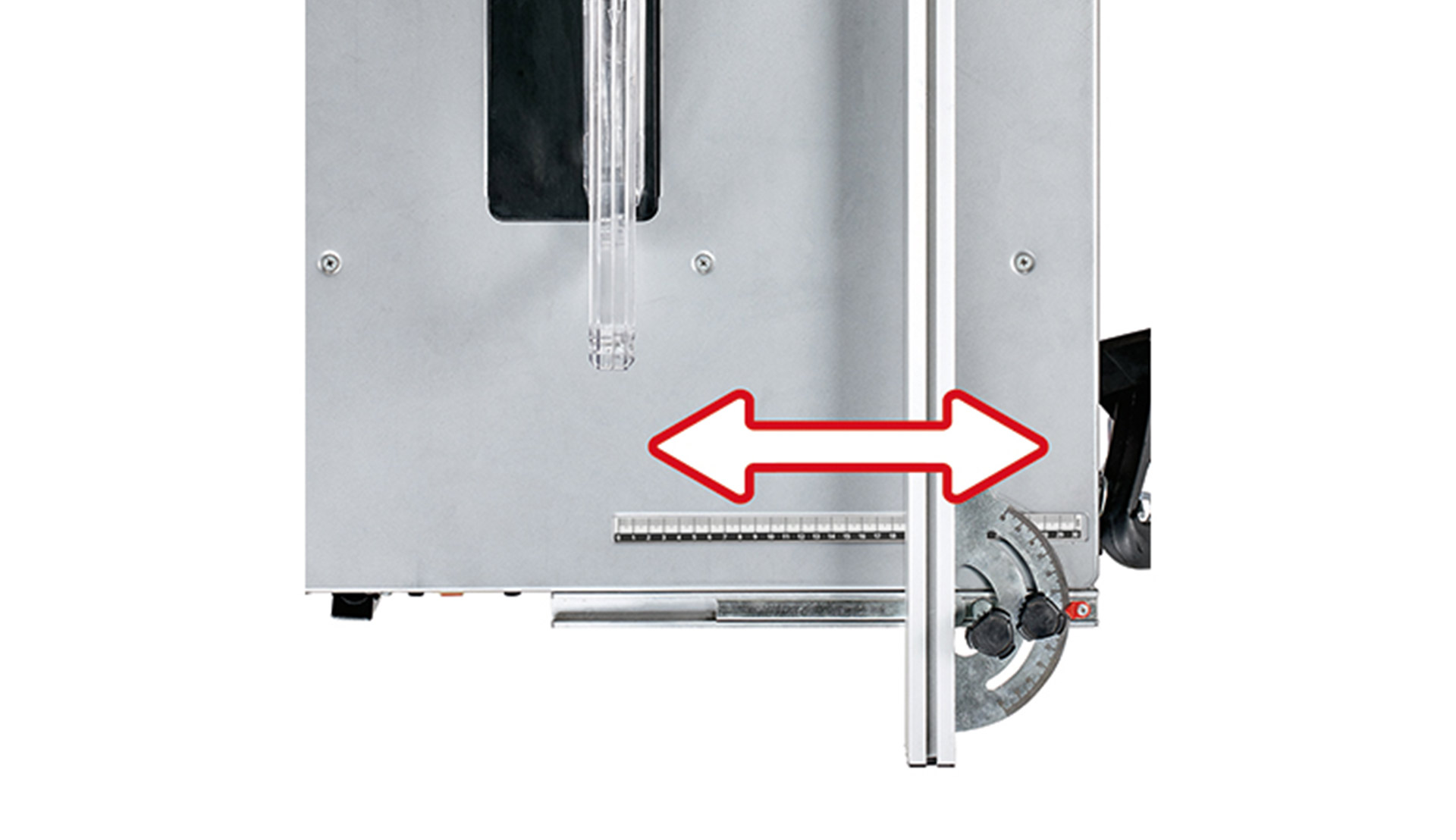 Close-up of a table saw with a red double-headed arrow indicating the adjustable distance.