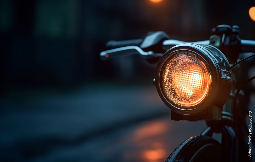 Motorcycle headlight switched on in the dark as a check of the lighting.