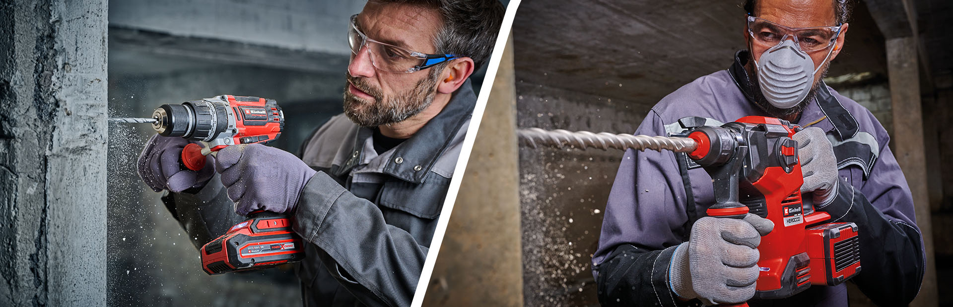 Two side-by-side images show cordless drilling tools drilling into concrete.