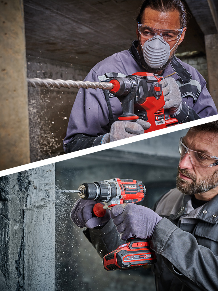 Two images show a rotary hammer and an impact drill drilling into concrete.