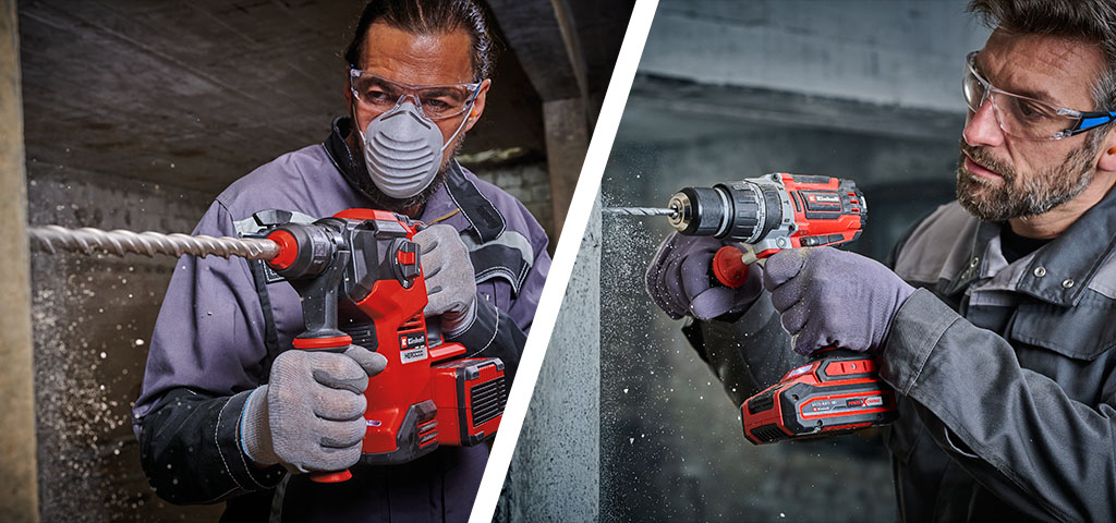 Two side-by-side images show cordless drilling tools drilling into concrete.