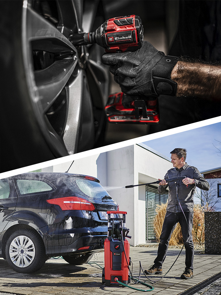 Split image: Top shows a close-up of an Einhell impact wrench on a car wheel rim, bottom shows a man washing a car with a pressure washer.