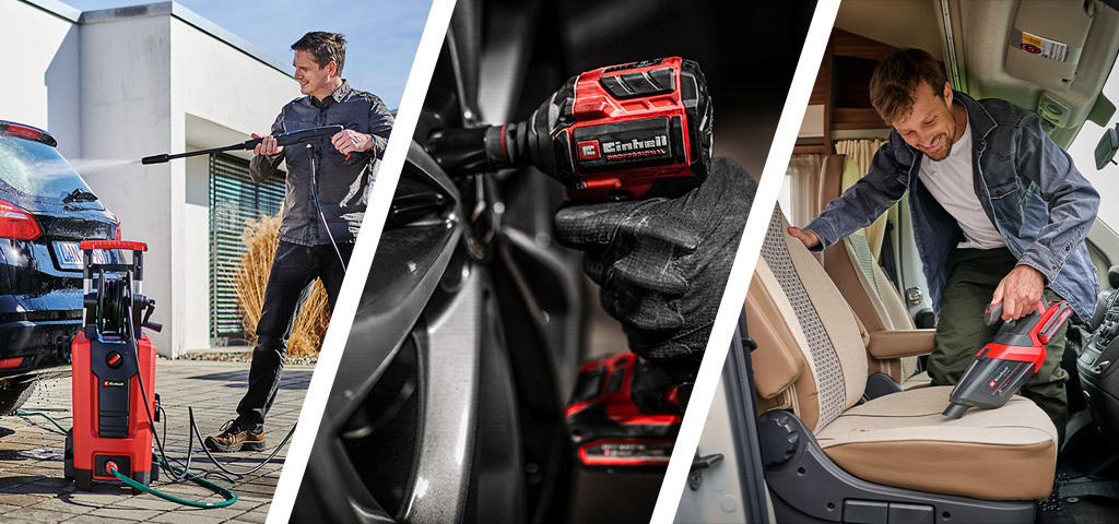 A man cleans a car with a pressure washer, an impact wrench is applied to a wheel rim, and the interior of a camper van is vacuumed with a handheld vacuum cleaner.