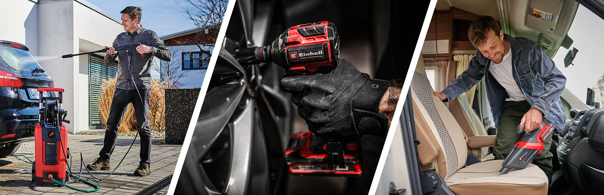 A man cleans a car with a pressure washer, an impact wrench is applied to a wheel rim, and the interior of a camper van is vacuumed with a handheld vacuum cleaner.