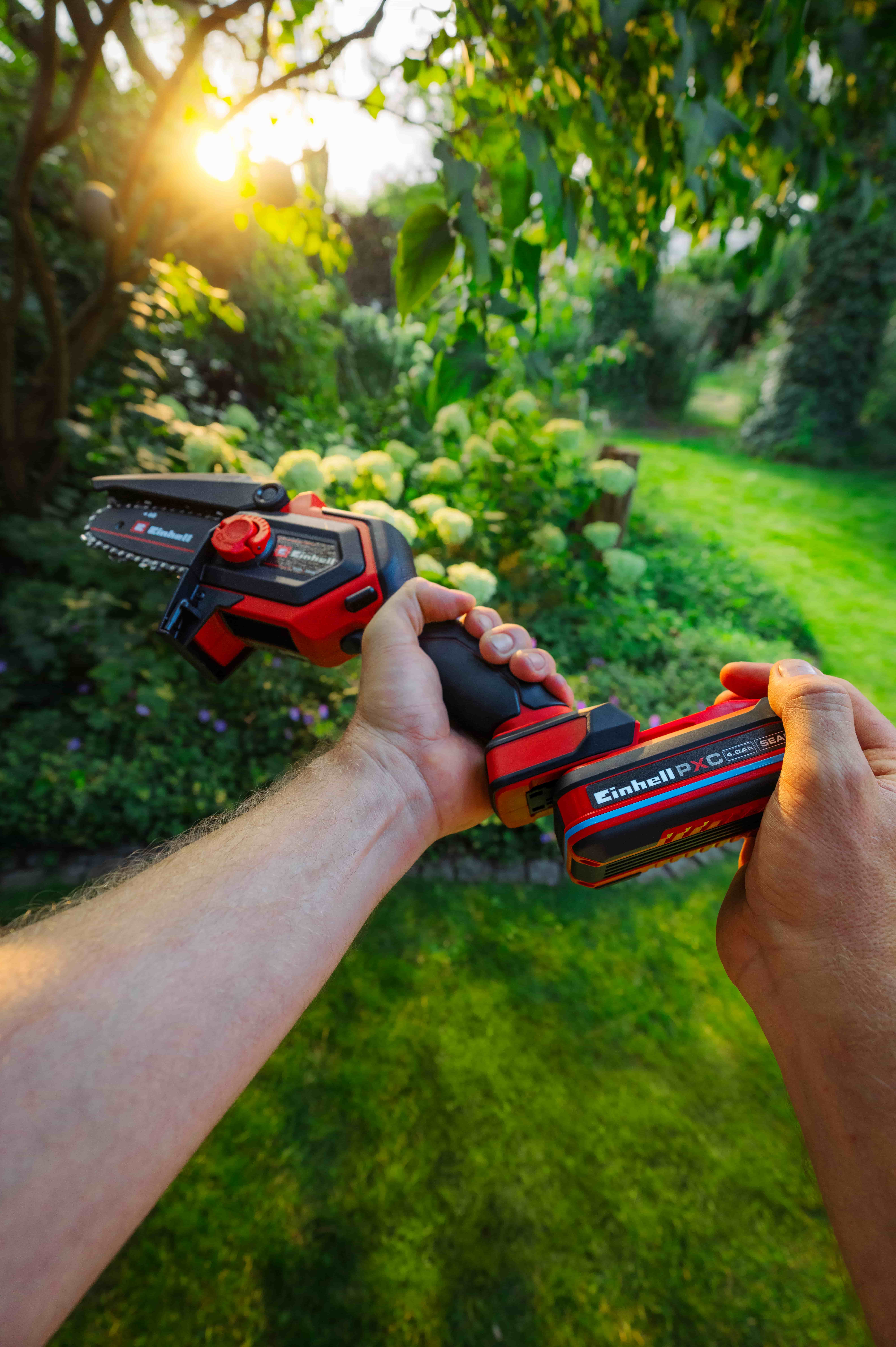Hände setzen einen Einhell Power X-Change Akku in eine kleine rote Einhell Akku-Kettensäge im Garten ein.
